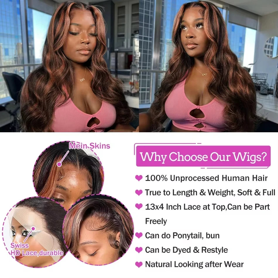 300% Density Ombre Highlight Body Wave 13x4 HD Lace Front Human Hair Wig Curly 1B/30 Black Brown Colored 13x6 Lace Frontal Wigs