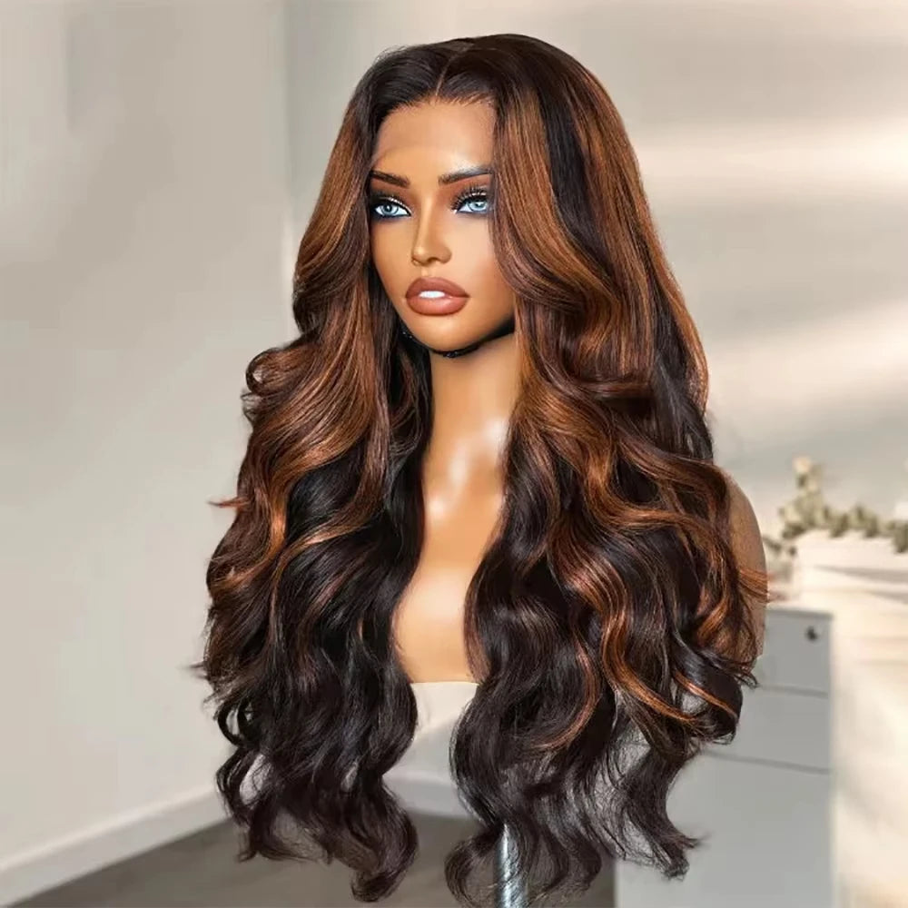 300% Density Ombre Highlight Body Wave 13x4 HD Lace Front Human Hair Wig Curly 1B/30 Black Brown Colored 13x6 Lace Frontal Wigs