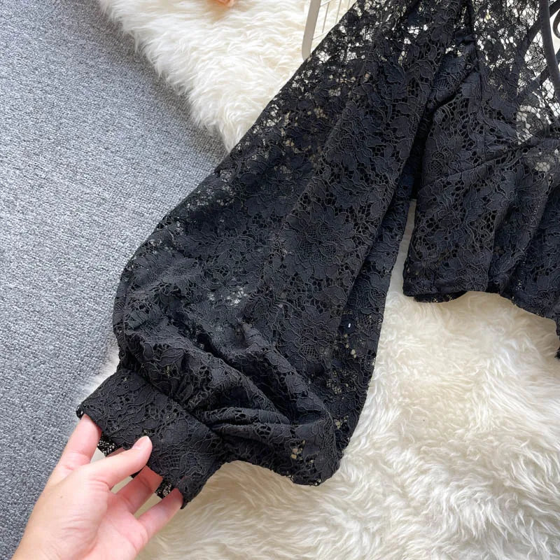 Autumn Black/White/Brown Sexy Lace Blouse Women Elegant V-Neck Puff Long Sleeve Open Back Short Tops Female Party Blusas 2021