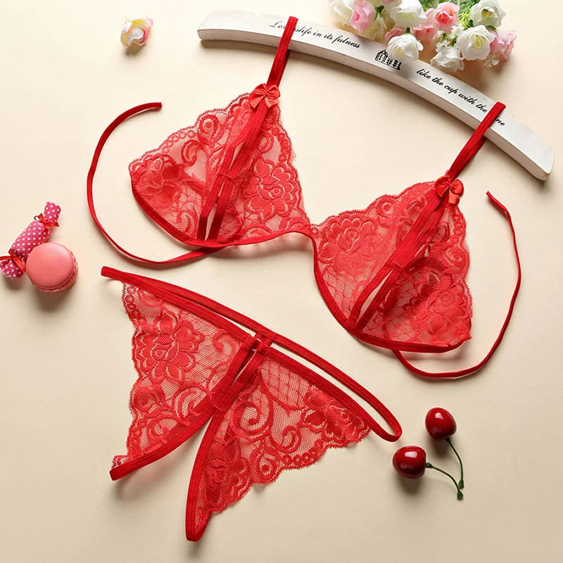 Lace Seamless Bodysuit Open Babydoll Open Pajamas Deep V Open Bra Crotchless Garter Set Hot Women's See-Through Sex Lingerie
