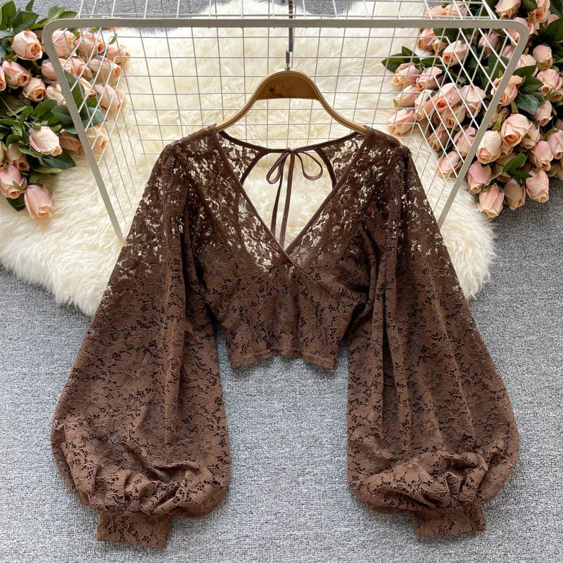 Autumn Black/White/Brown Sexy Lace Blouse Women Elegant V-Neck Puff Long Sleeve Open Back Short Tops Female Party Blusas 2021