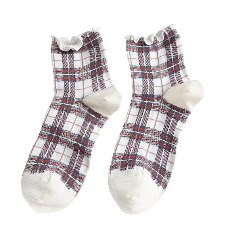 3 Pairs/lot Summer Short Socks Women Stringy Selvedge Girls Student Style Retro Ladylike Style JP Cotton Young Lady Plaid Ruffle