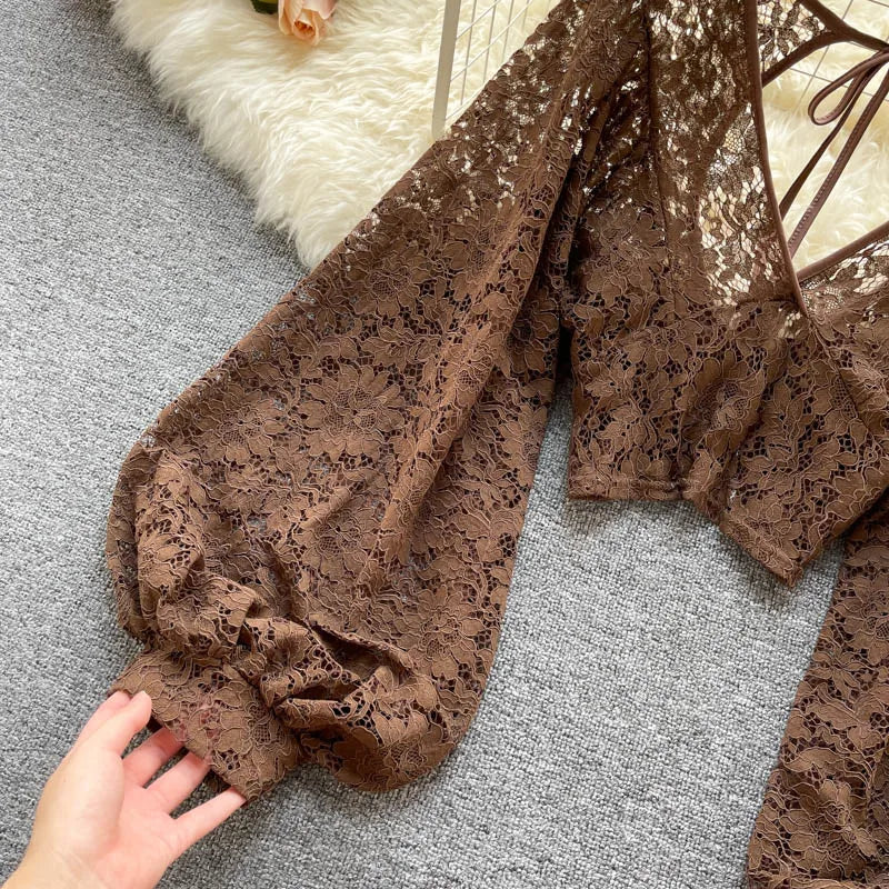Autumn Black/White/Brown Sexy Lace Blouse Women Elegant V-Neck Puff Long Sleeve Open Back Short Tops Female Party Blusas 2021
