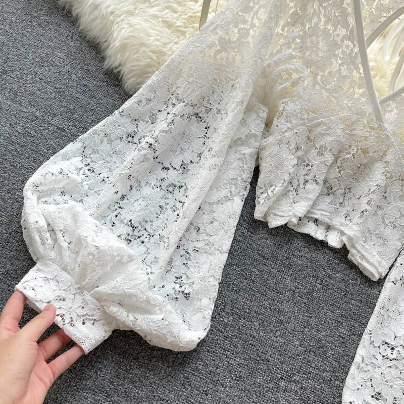 Autumn Black/White/Brown Sexy Lace Blouse Women Elegant V-Neck Puff Long Sleeve Open Back Short Tops Female Party Blusas 2021