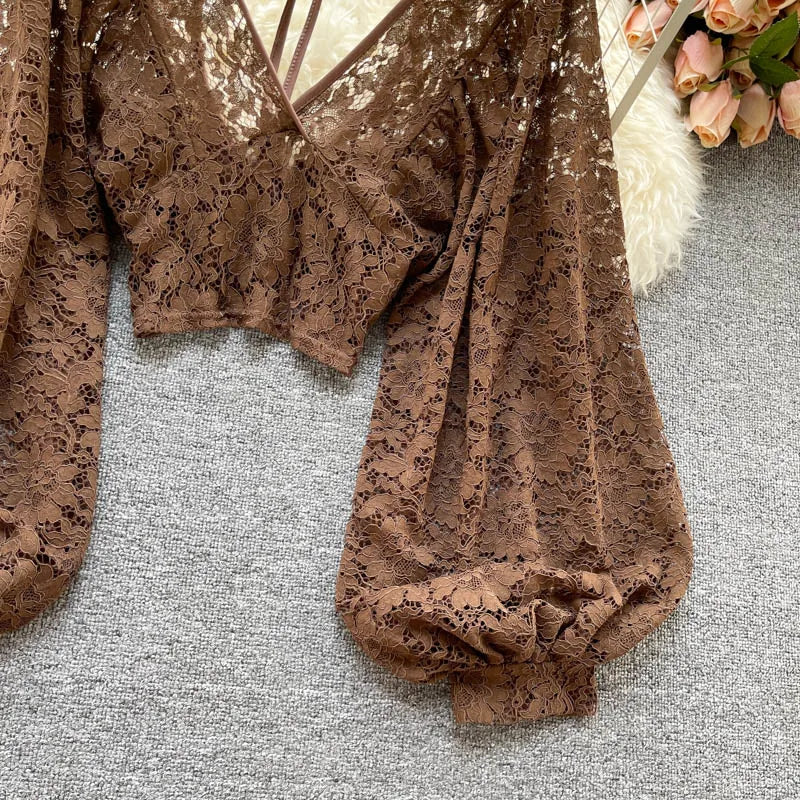 Autumn Black/White/Brown Sexy Lace Blouse Women Elegant V-Neck Puff Long Sleeve Open Back Short Tops Female Party Blusas 2021
