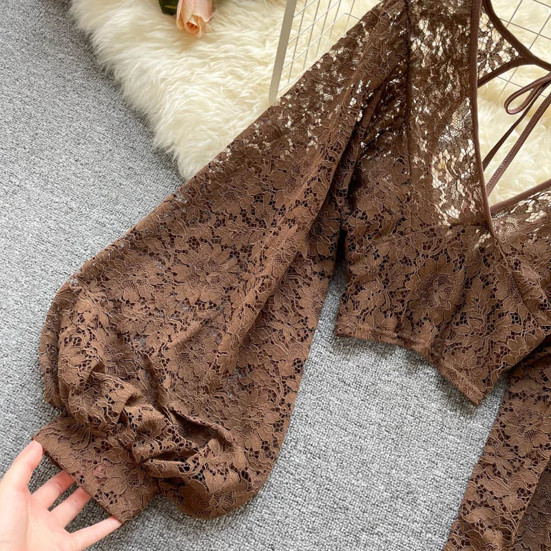 Autumn Black/White/Brown Sexy Lace Blouse Women Elegant V-Neck Puff Long Sleeve Open Back Short Tops Female Party Blusas 2021