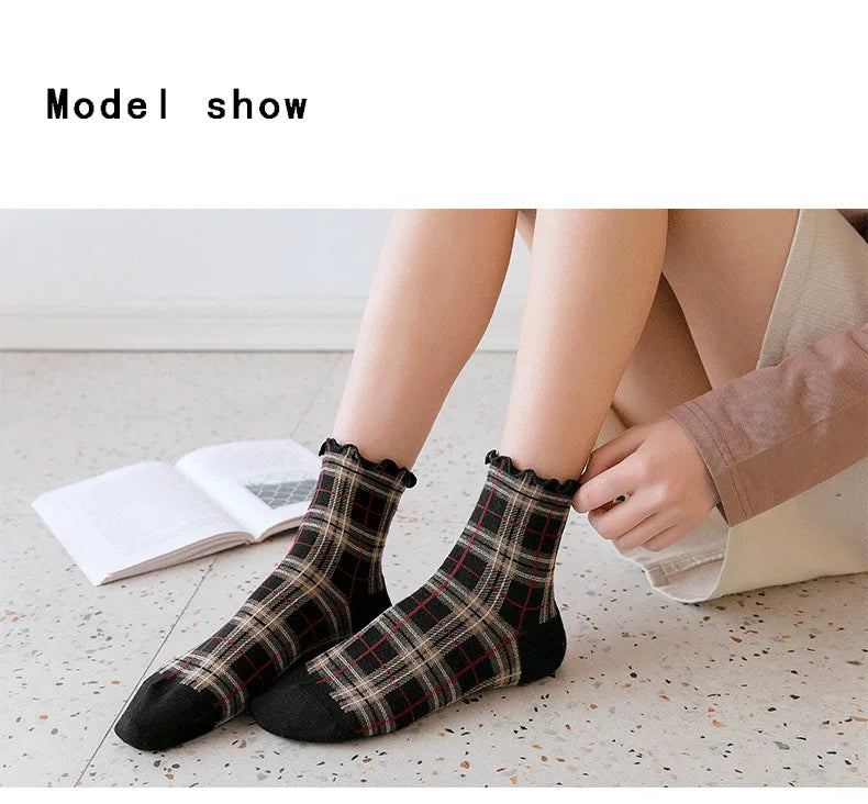 3 Pairs/lot Summer Short Socks Women Stringy Selvedge Girls Student Style Retro Ladylike Style JP Cotton Young Lady Plaid Ruffle