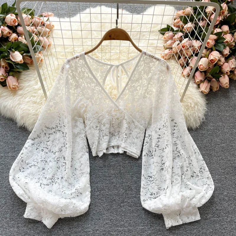 Autumn Black/White/Brown Sexy Lace Blouse Women Elegant V-Neck Puff Long Sleeve Open Back Short Tops Female Party Blusas 2021