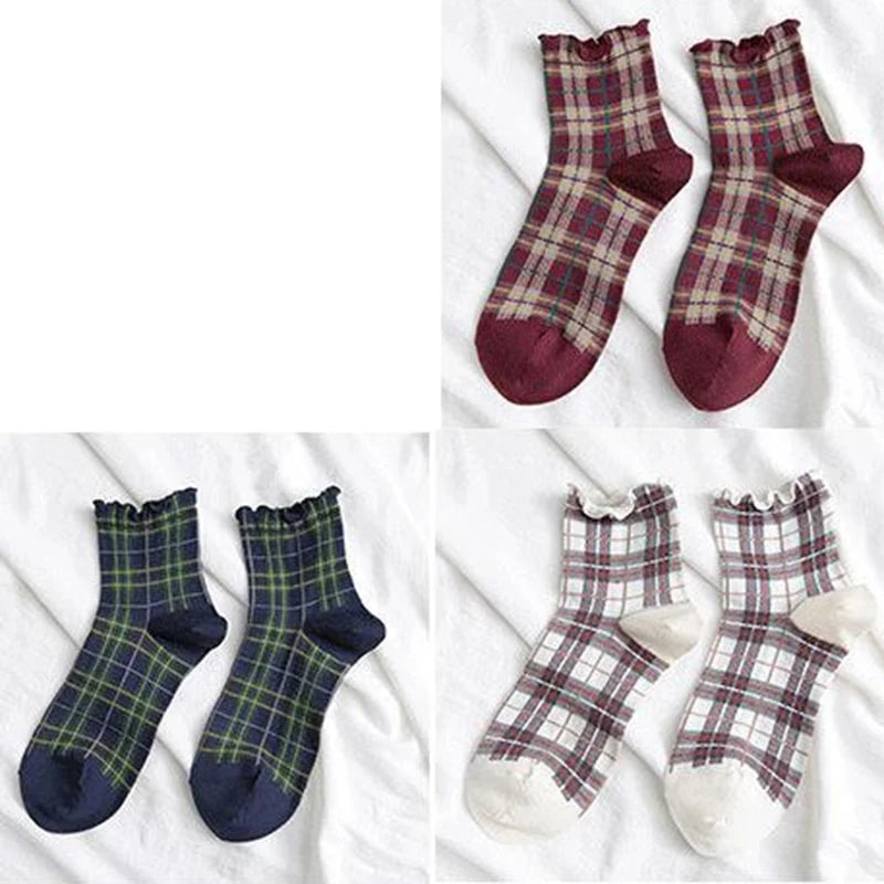 3 Pairs/lot Summer Short Socks Women Stringy Selvedge Girls Student Style Retro Ladylike Style JP Cotton Young Lady Plaid Ruffle