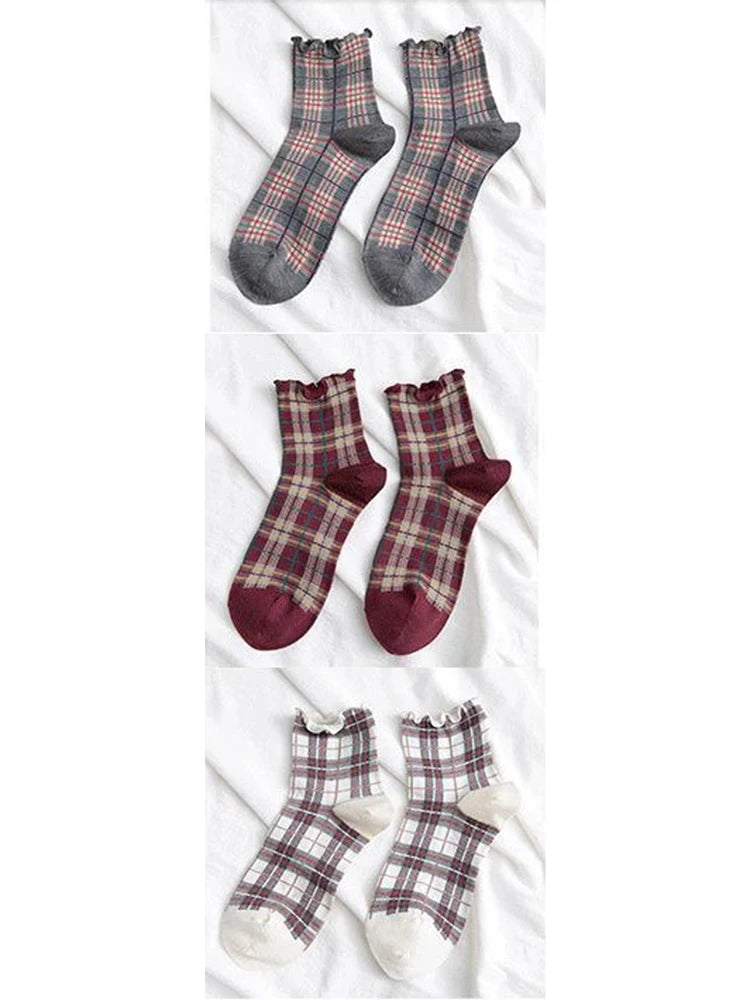 3 Pairs/lot Summer Short Socks Women Stringy Selvedge Girls Student Style Retro Ladylike Style JP Cotton Young Lady Plaid Ruffle