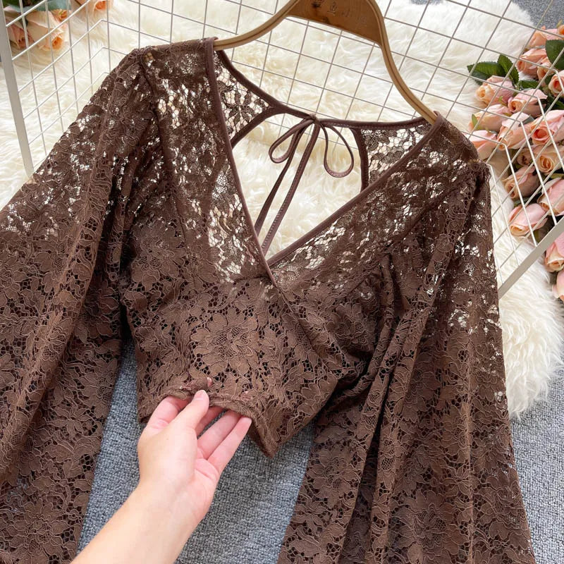 Autumn Black/White/Brown Sexy Lace Blouse Women Elegant V-Neck Puff Long Sleeve Open Back Short Tops Female Party Blusas 2021