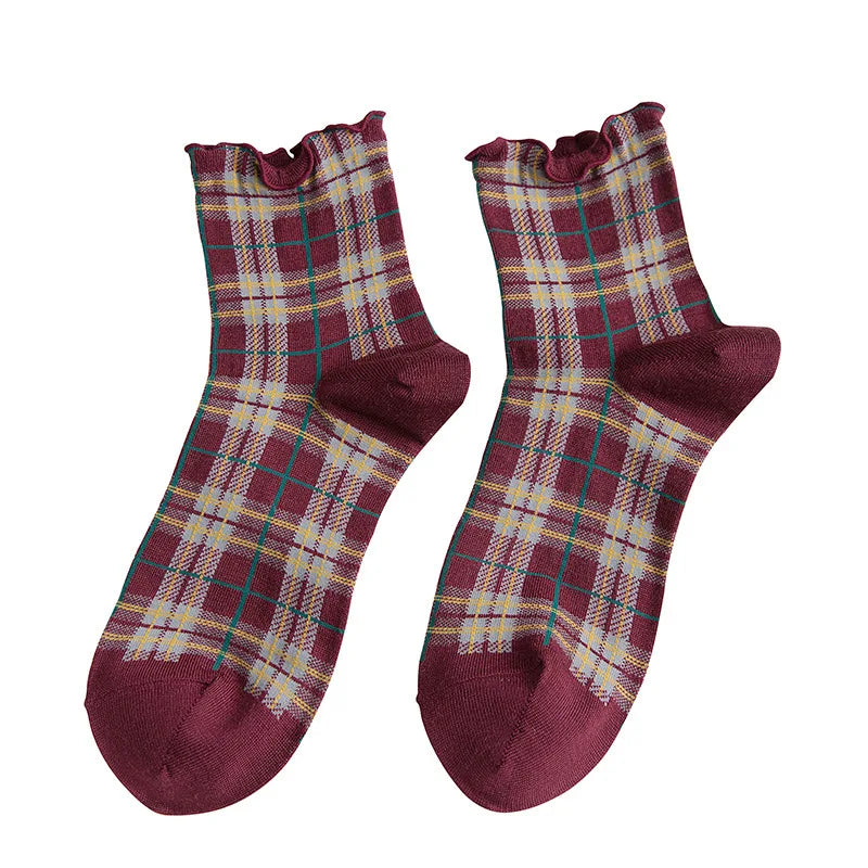 3 Pairs/lot Summer Short Socks Women Stringy Selvedge Girls Student Style Retro Ladylike Style JP Cotton Young Lady Plaid Ruffle