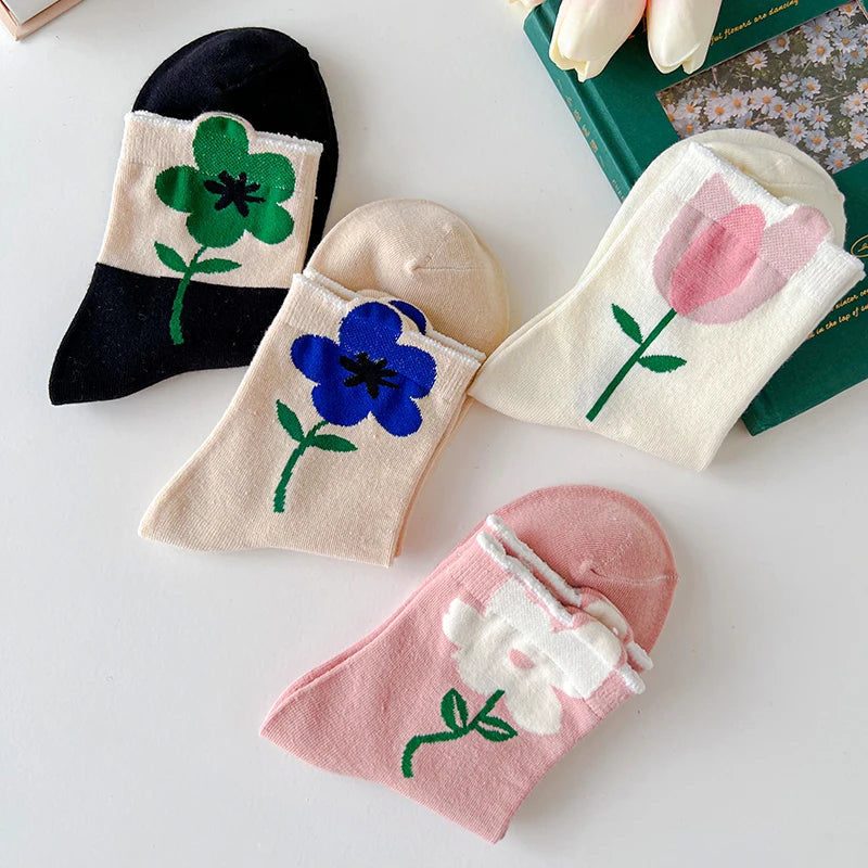 Women Socks Flower Rabbit Pattern Cute Kawaii Japanese Korean Style Cotton Harajuku Funny Breathable Casual Spring Floral Socks