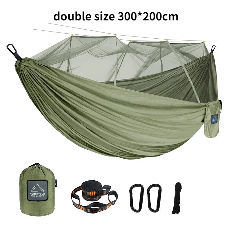 Single and Double Size Nylon Fabric Portable Travel Outdoor Camping Hanging Sleeping Hammock with Mosquito Net