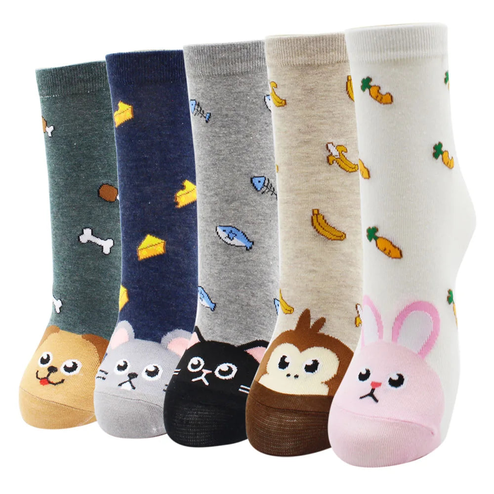 5 Pairs New Fashion Colorful Harajuku Korean Kawaii Cute Women Socks Cat Dog Owl Stripe Avocado Girl Cotton Cartoon Socks