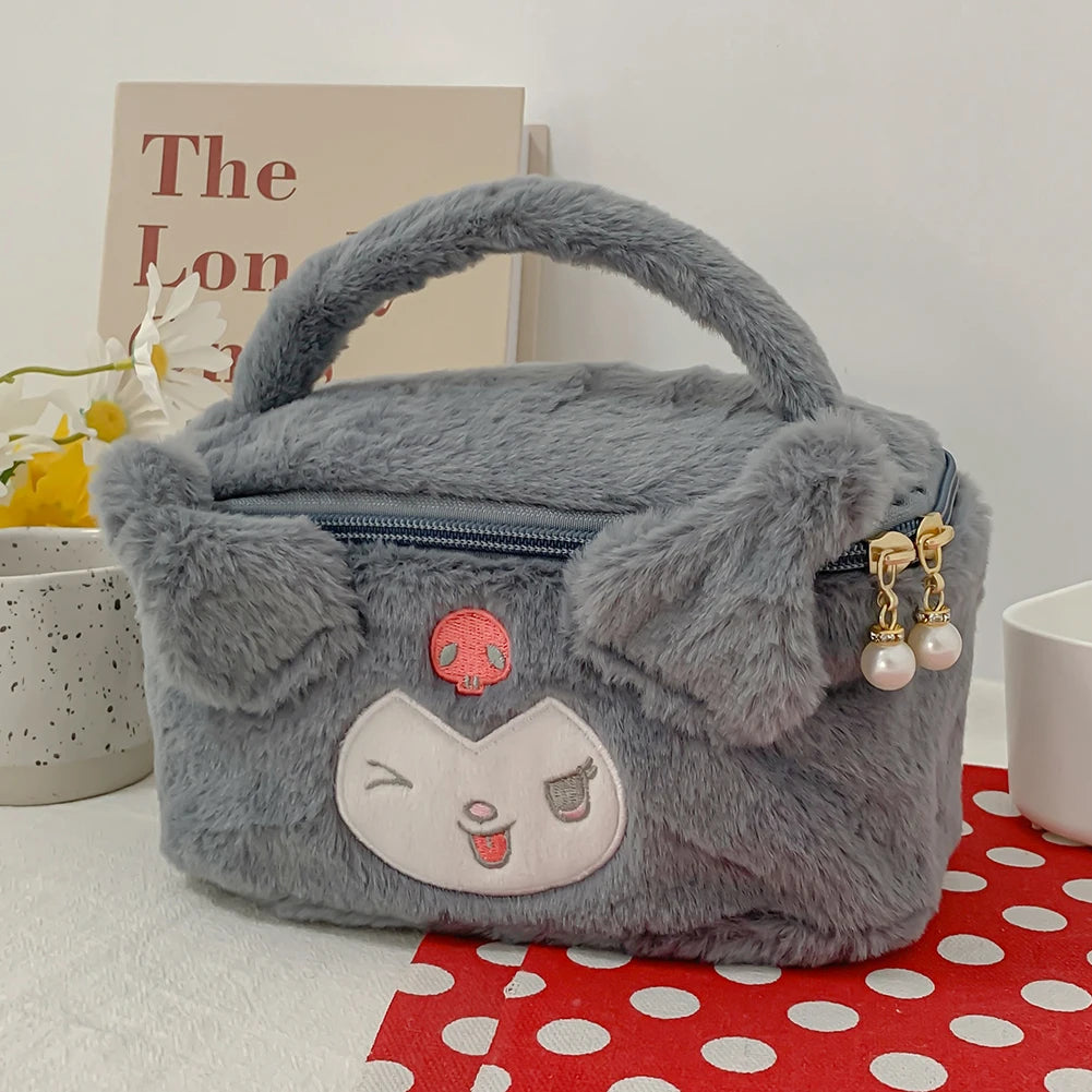 Cartoon Japanese Anime Soft Plush Makeup Pouch Lovely Design Fluffy Cosmetic Bag Portable Travel Zipper Furry Storage Handbags