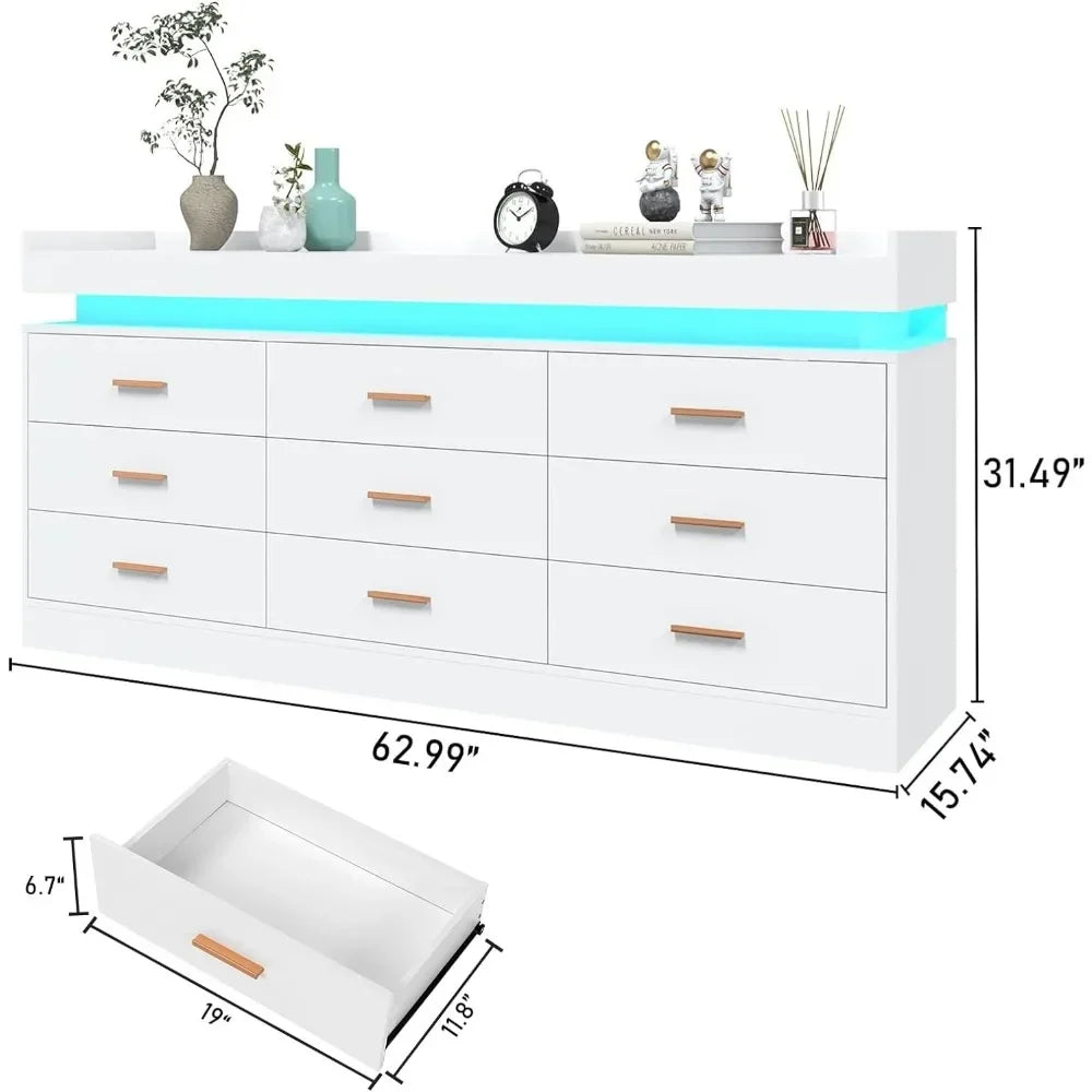 Modern Dresser 9 Drawer with LED Light,Wide Drawer Organizer Cabinet for Bedroom Living Room Chest for Closet of Wood Drawers