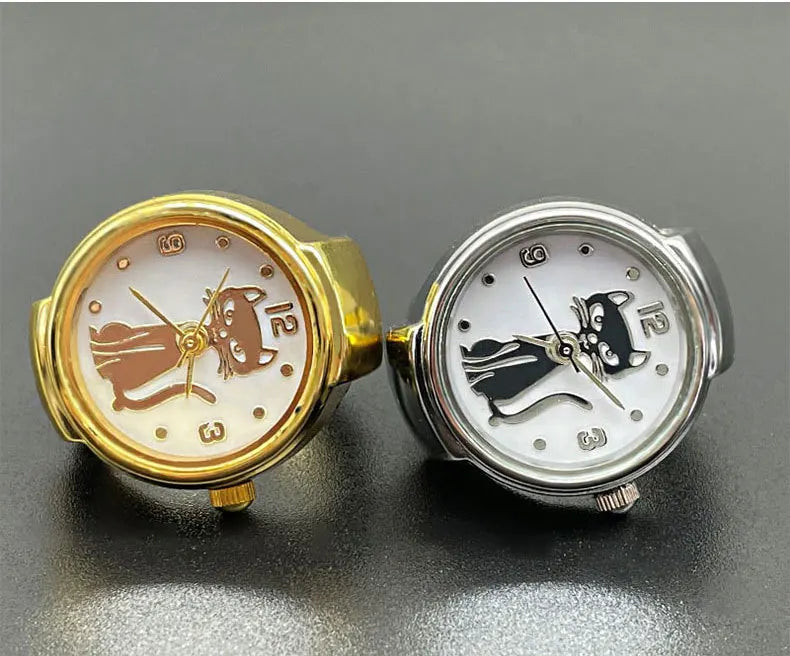 WLP Punk Fashion Cat Dial Clock Quartz Watch Finger Rings Women Men Couple Vintage Simple Elastic Strap Alloy Watch Ring Jewelry