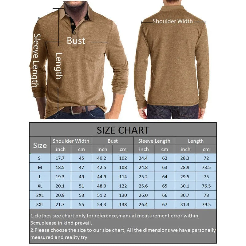 Spring Trend Men's Long Sleeve Casual Tshirt Solid Lapel Button Up Pullover Tops Autumn Turn Down Collar Bottoming Polo Shirt
