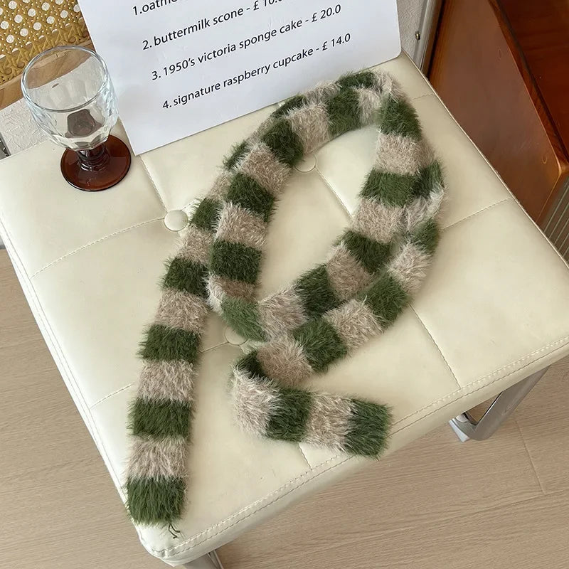 Striped Plush Scarf Women's Niche Design Sense Spice Girl Versatile Decoration Korean Version Thin and Narrow Long Scarf