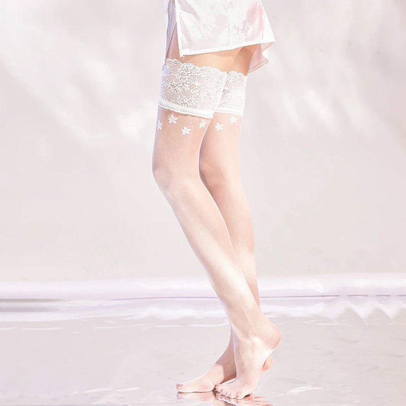 Black Pink White Sakura Flower Lace Top Thigh High Stockings Silicone Hold Up Transparent Medias Ultra Thin Breathable Underwear