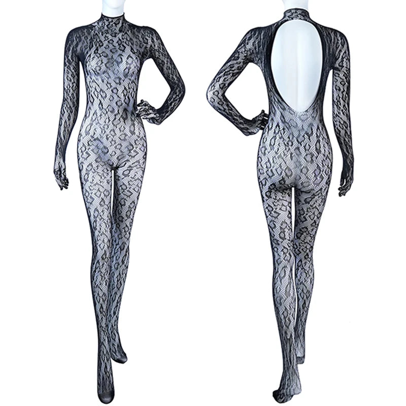 Open Crotch Lingerie Women Sexy Backless Cutout Body Bra Set Mesh Transparent Baby Doll Bodystocking Leopard Print Underwear Set