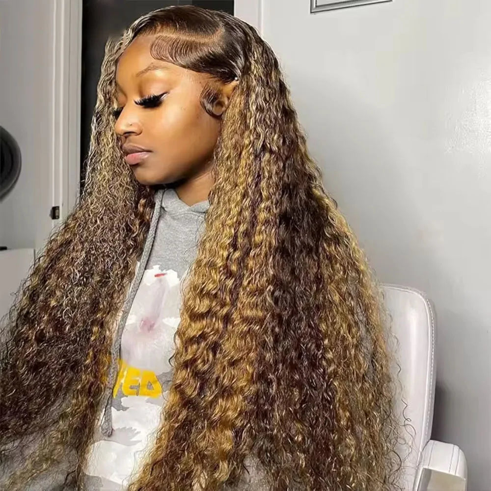 HD 13x6 Highlight Wig Human Hair Honey Blonde Brown Lace Front Wigs Deep Curly Human Hair Wig Water Wave 13x4 Lace Frontal Wig