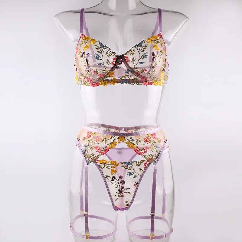 Ellolace Lingerie Sensual Lace Underwear Transparent Embroidery 3-Piece Garters Fancy Beautiful Short Skin Care Kits Intimate