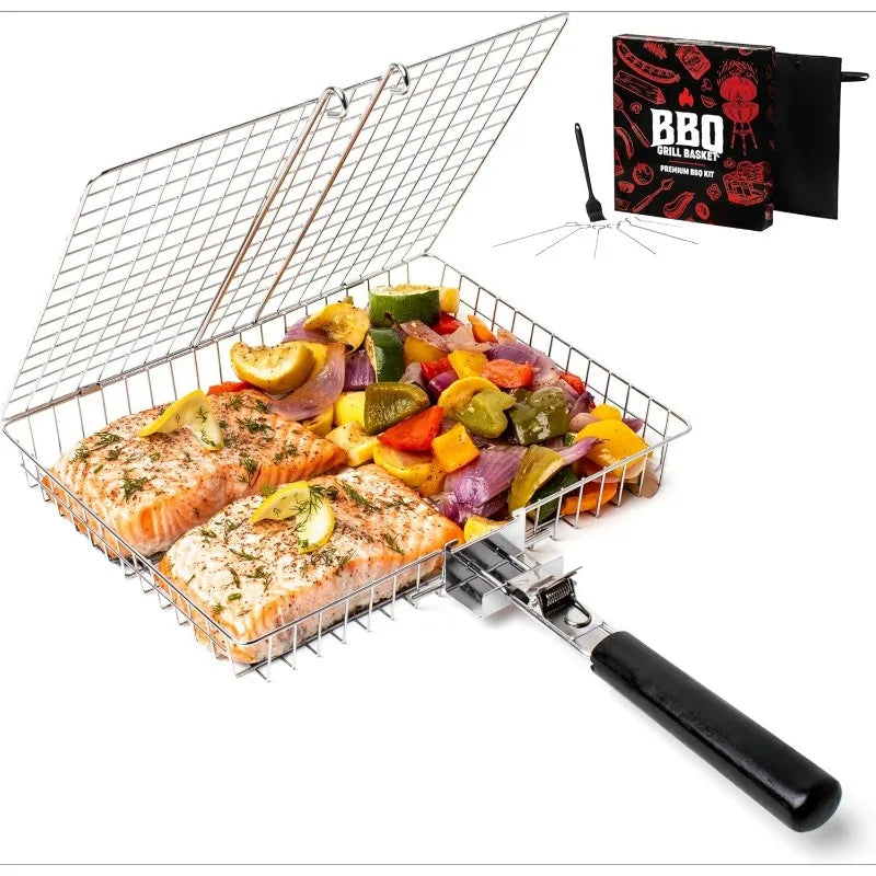 Portable Stainless Steel Folding Grill Basket BBQ Grill Basket With Handle for Fish Vegetables Shrimp Cook Accessories Outdoor