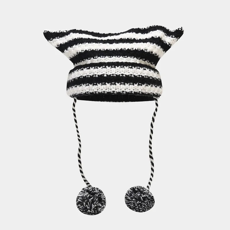 New Japanese Streetwear Harajuku Beanie Little Devil Striped Knitted Hat Women Girls Autumn Winter Cute Cat Ears Cap