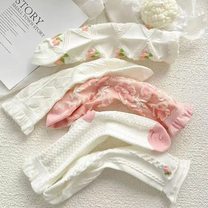 5 Pairs Lolita Japanese Woman Cute White Short Socks Set Girl Spring Summer Sweet Ruffle Lovely Cotton Socks For Women
