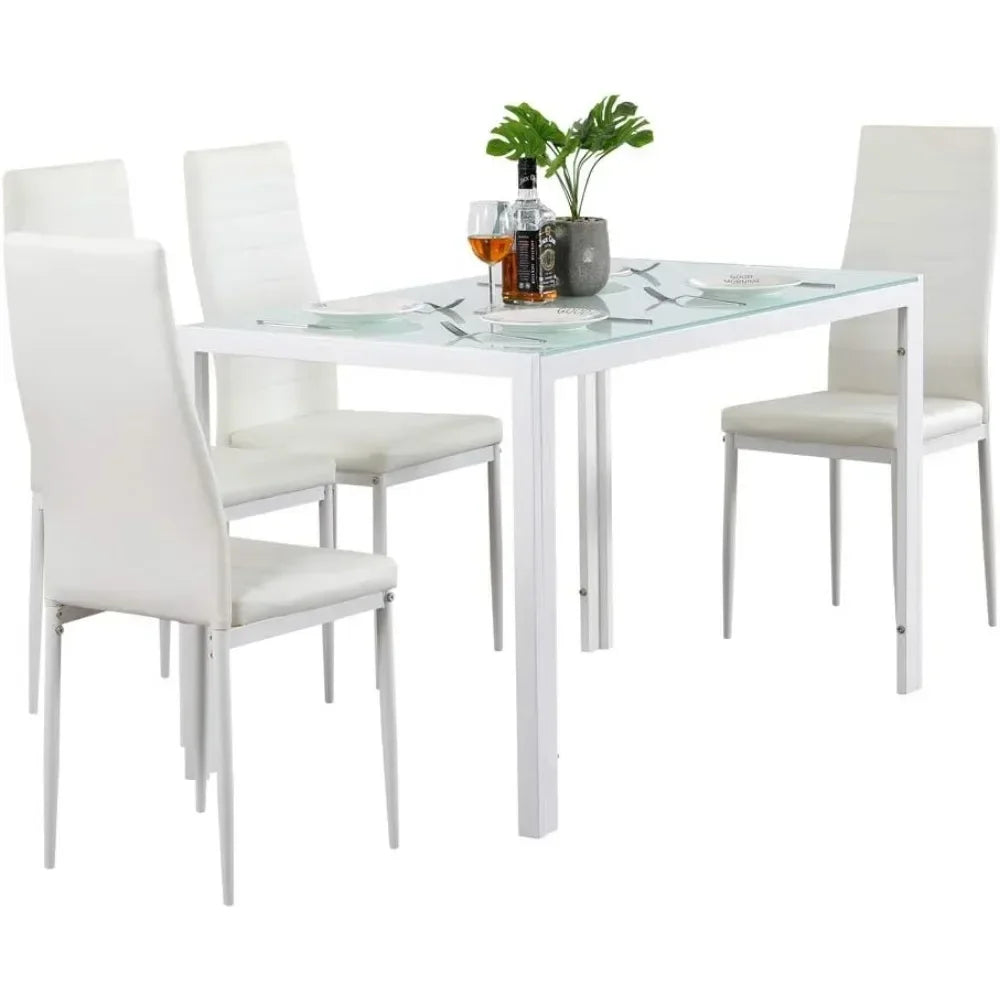 4-piece white restaurant chair set, PU leather, sturdy legs, waterproof seat, high back soft cushion