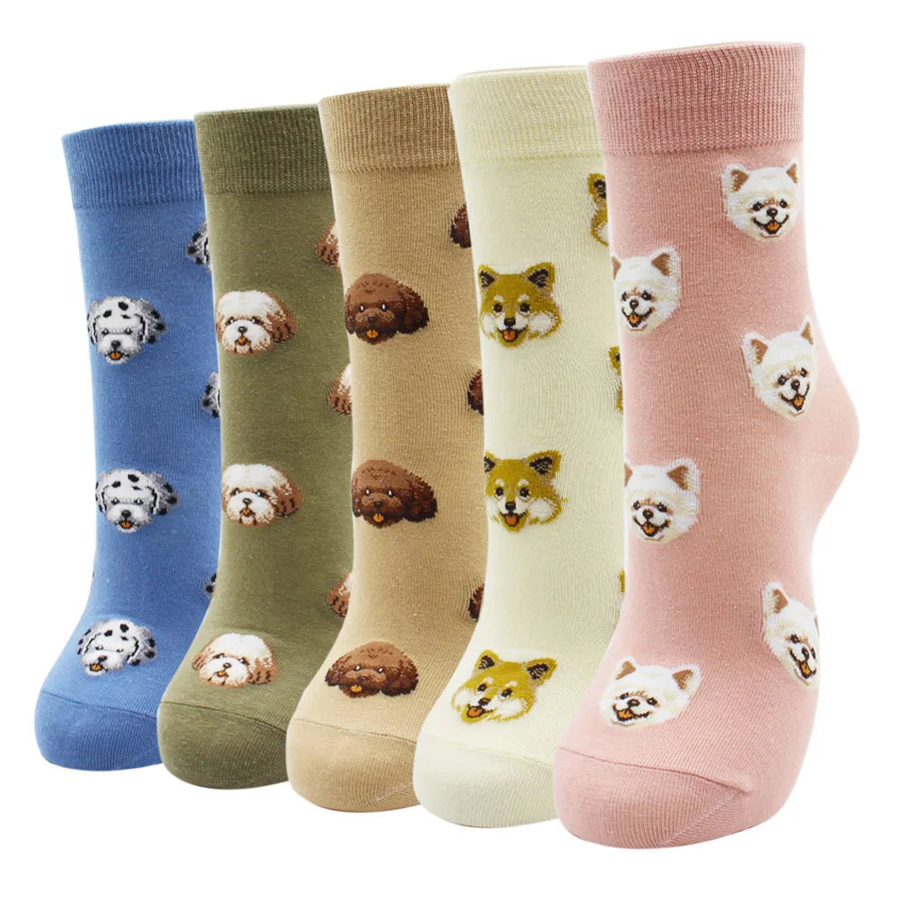 5 Pairs New Fashion Colorful Harajuku Korean Kawaii Cute Women Socks Cat Dog Owl Stripe Avocado Girl Cotton Cartoon Socks