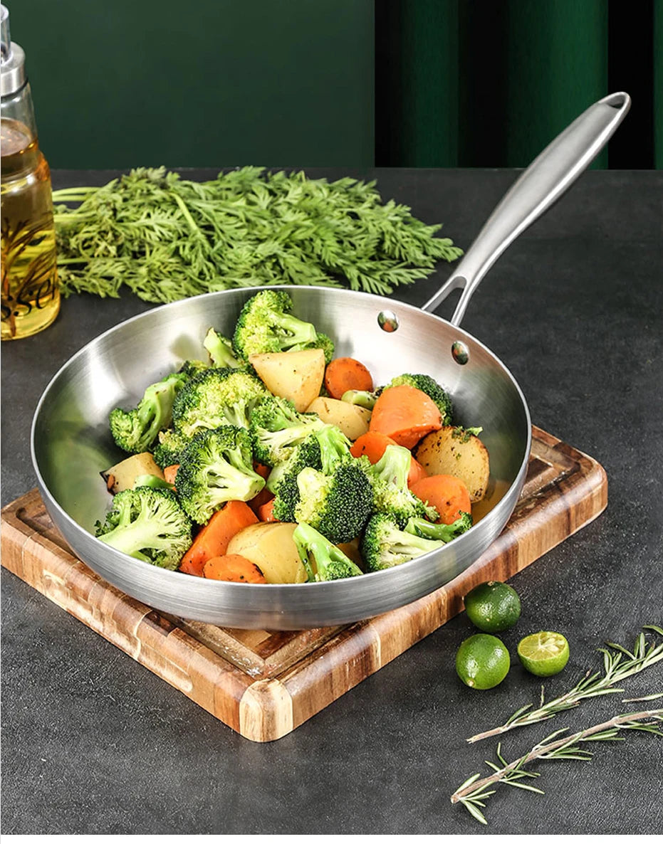 304 Stainless Steel Frying Pan, NonStick Pan Fried Steak Pot Uncoated Kitchen Cookware For Gas Stove and Induction Cooker