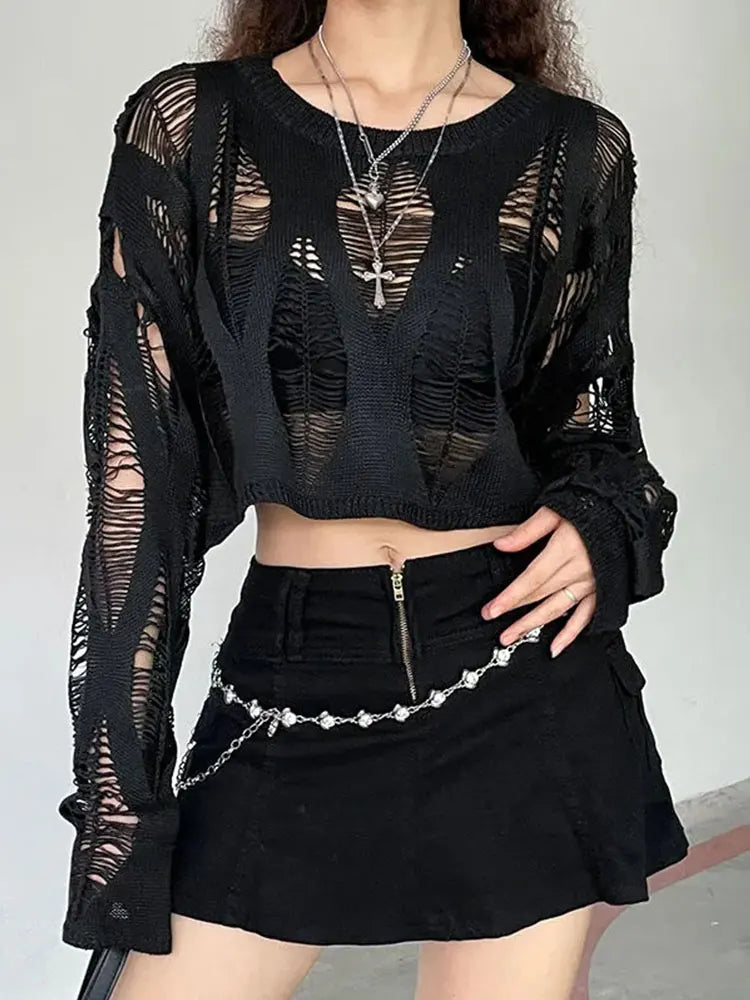Perforated Hollow Out Knitted Blouse Sunscreen Long Sleeve Top Gothic Dark Black Sexy Thin Sweater Women's Summer Chic Crop Tops