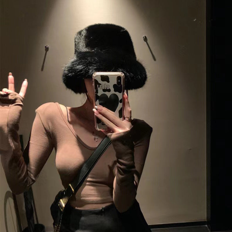2024 Fluffy Faux Fur Bucket Hats Women Rabbit Fur Warm Thick Plush Winter Hat Lady Fashion Luxury Panama Furry Fisherman Cap Y2k