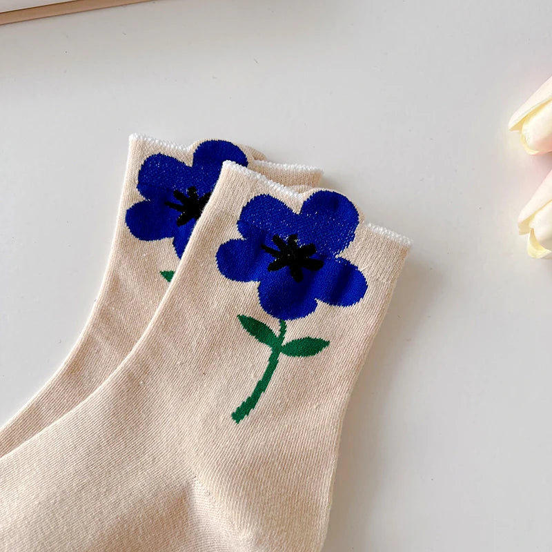 Women Socks Flower Rabbit Pattern Cute Kawaii Japanese Korean Style Cotton Harajuku Funny Breathable Casual Spring Floral Socks