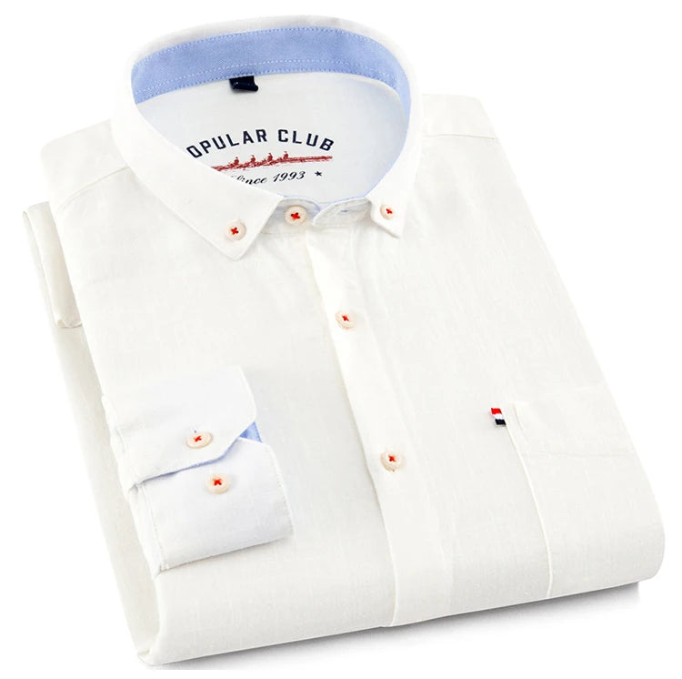 Men‘s Solid Button-Down Collar Dress Shirt - Breathable Cotton-Linen Blend - Long Sleeve, Slim-fit - Spring Summer Casual Chic