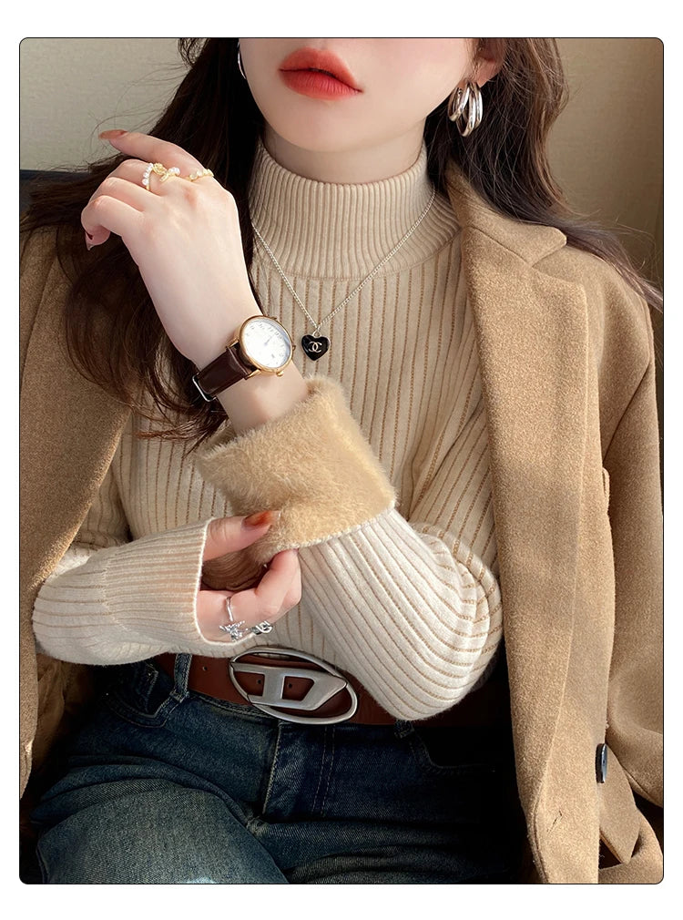 Women's Turtleneck Sweater Winter 2025 Retro Red with Velvet Lining Thickened Inner Wear Thermal Knitting Bottoming Shirt