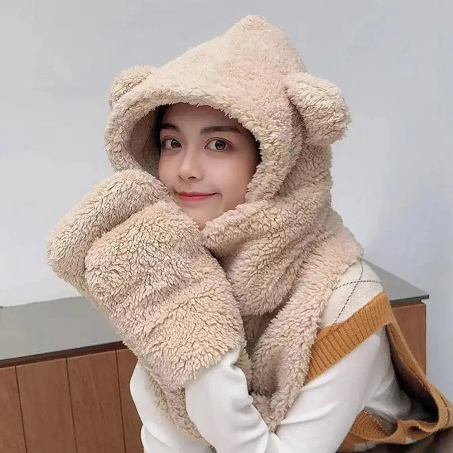Cute Bear Ear Hat Fashion Winter Warm Comforts Polyester Thickened Plush Hoodie Hat Scarf Gloves Set Girl Kawaii Warm Casual Hat