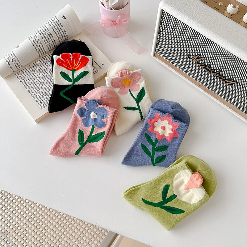 Women Socks Flower Rabbit Pattern Cute Kawaii Japanese Korean Style Cotton Harajuku Funny Breathable Casual Spring Floral Socks