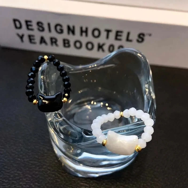 1pcs Natural Moonstone Obsidian Rings Beads Minimalist Fidget Ring Cute Black White Cat Ring Women Men Party Accessories Jewelry