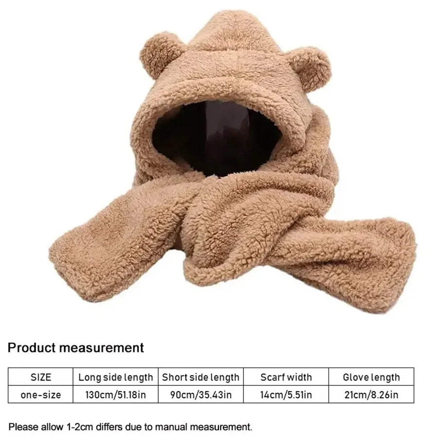 Cute Bear Ear Hat Fashion Winter Warm Comforts Polyester Thickened Plush Hoodie Hat Scarf Gloves Set Girl Kawaii Warm Casual Hat
