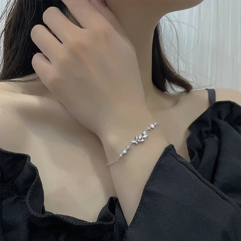 VENTFILLE 925 Sterling Silver Diamond-Studded Butterfly Bracelet Women's Fashion Temperament Flower Adjustable Bracelet