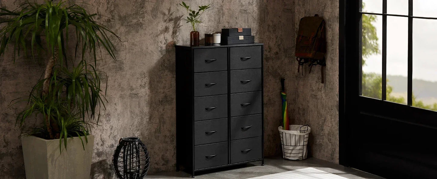 Dresser for Bedroom, Tall Storage Drawers, Fabric Storage Tower with 10 Drawers, Chest of Drawers with Fabric Bins, Sturdy Metal