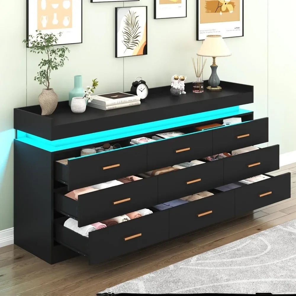 Modern Dresser 9 Drawer with LED Light,Wide Drawer Organizer Cabinet for Bedroom Living Room Chest for Closet of Wood Drawers