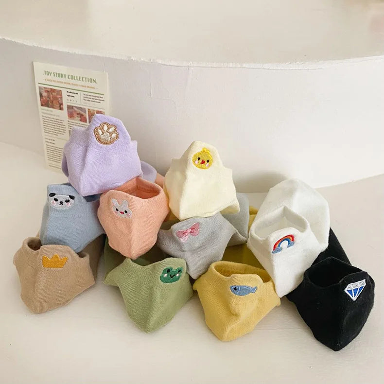 5 Pair Cute Embroidery Animal Women Socks Spring Summer Short Shallow Mouth Fashion Rainbow Female Low Cube Socks Set