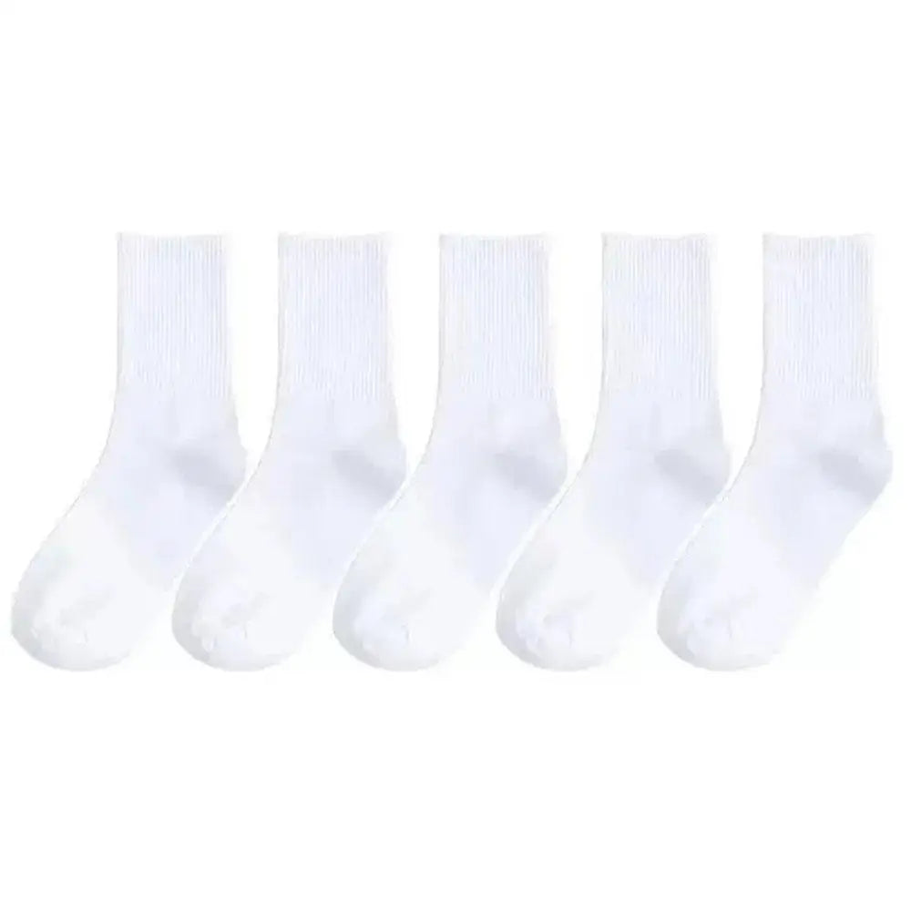 5 Pairs Women White Socks Cotton Harajuku Korean Style Socks For Girl And Boys School Middle Tube Socks