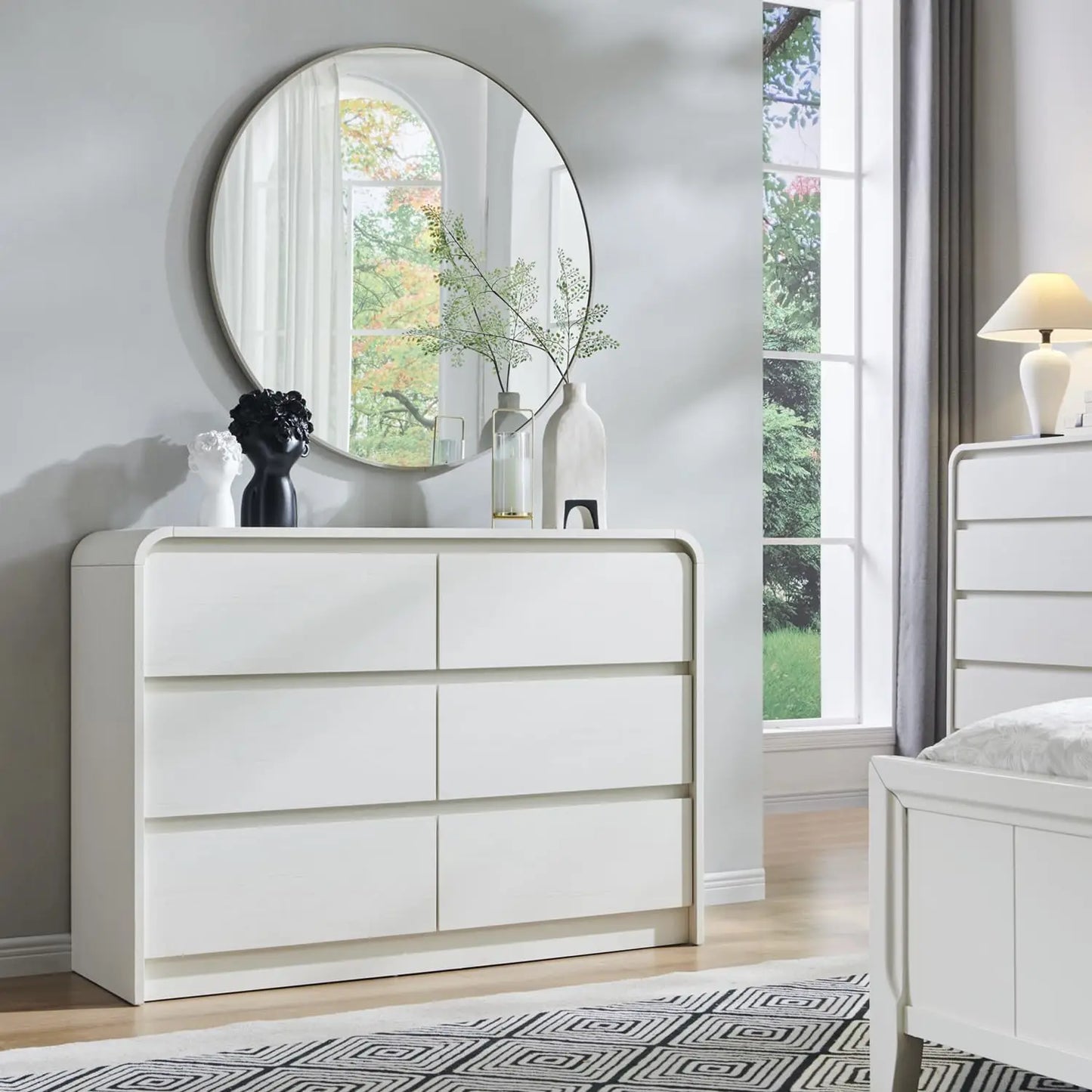 Modern 6 Drawers Dresser, 47" Wide Wood Dressers & Chests of Drawers w/Curved Profile Design, Natural Texture for Bedroom.