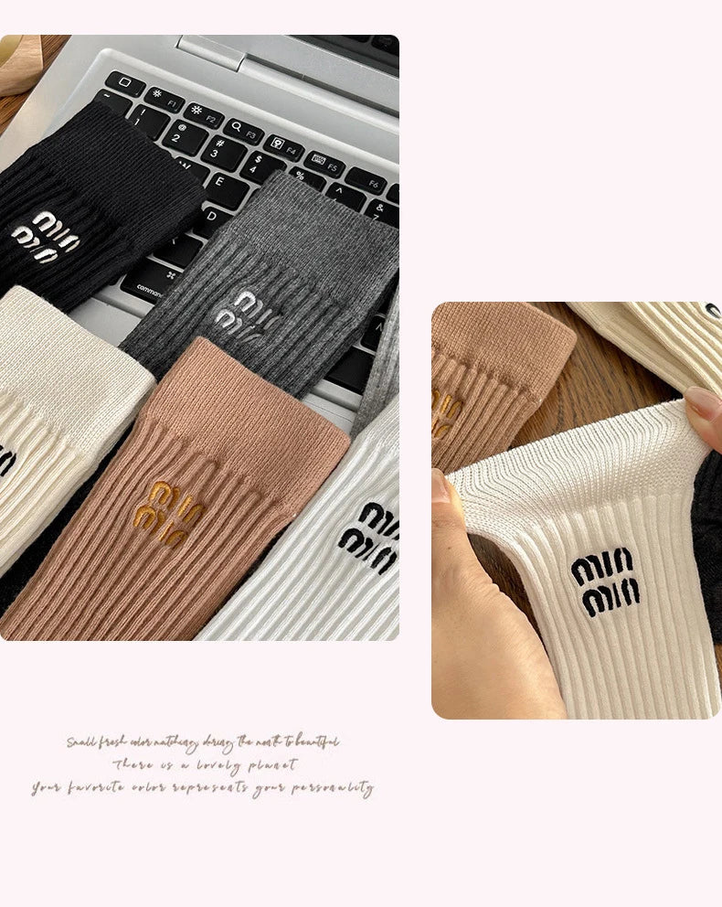 5 Pairs Socks Letter Designer Women Socks Luxury Brands Embroidered Striped Double-needle Mid-Tube Fashion Solid Cotton Socks